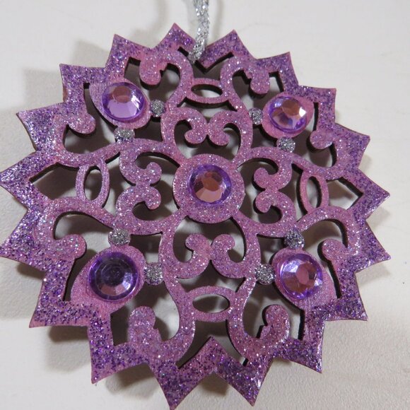 Circle Medallion Laser Cut Wooden Ornament with Rhinestones Hangs - Picture 2 of 7
